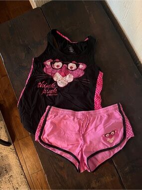 Pink Panther Graphic Tank & Shorts Sleep Set in Pink and Black